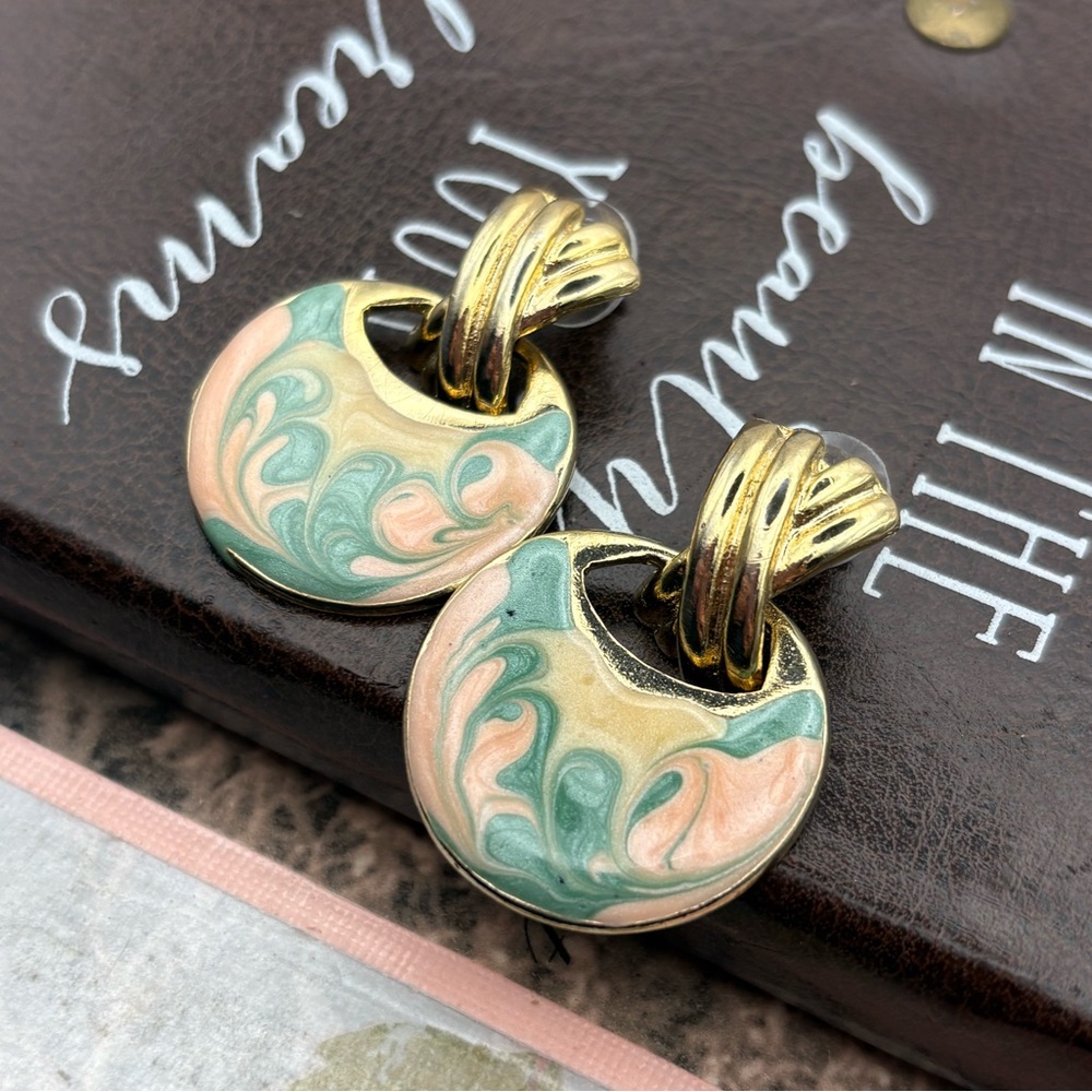 Vintage Pastel Enamel Swirl Earrings Gold Tone Abstract Statement Earrings